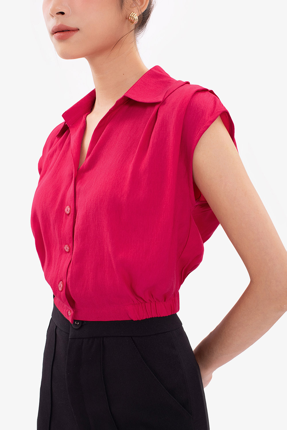 Áo kiểu nữ màu hồng cổ sơ mi dáng croptop