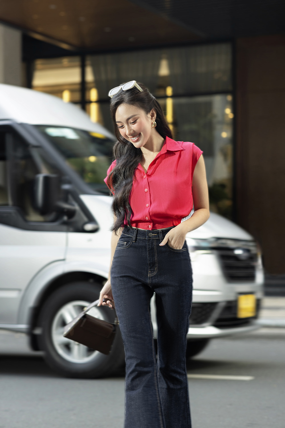 Áo kiểu nữ màu hồng cổ sơ mi dáng croptop