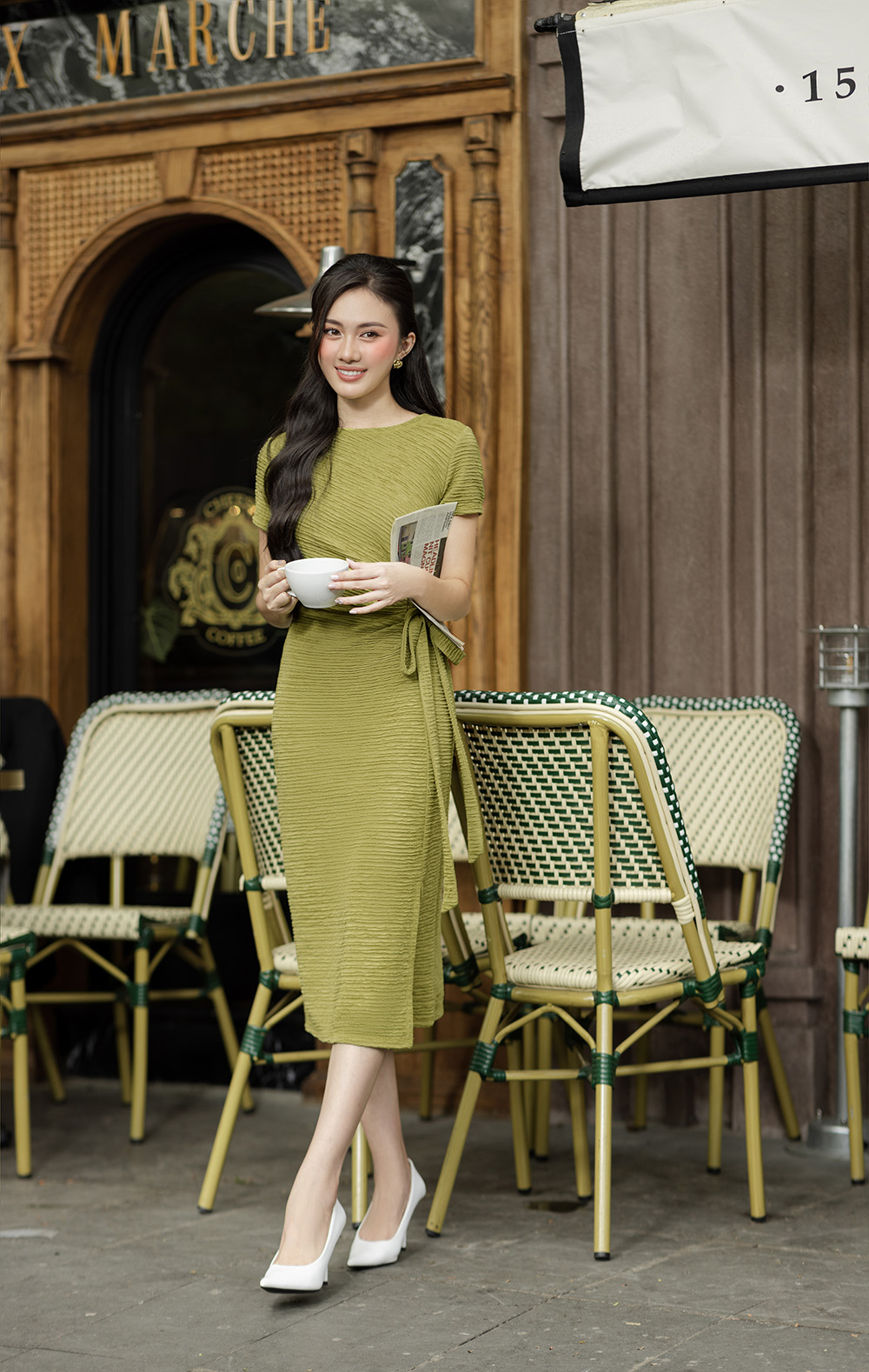 Đầm thun tay ngắn cổ tròn thắt nơ eo