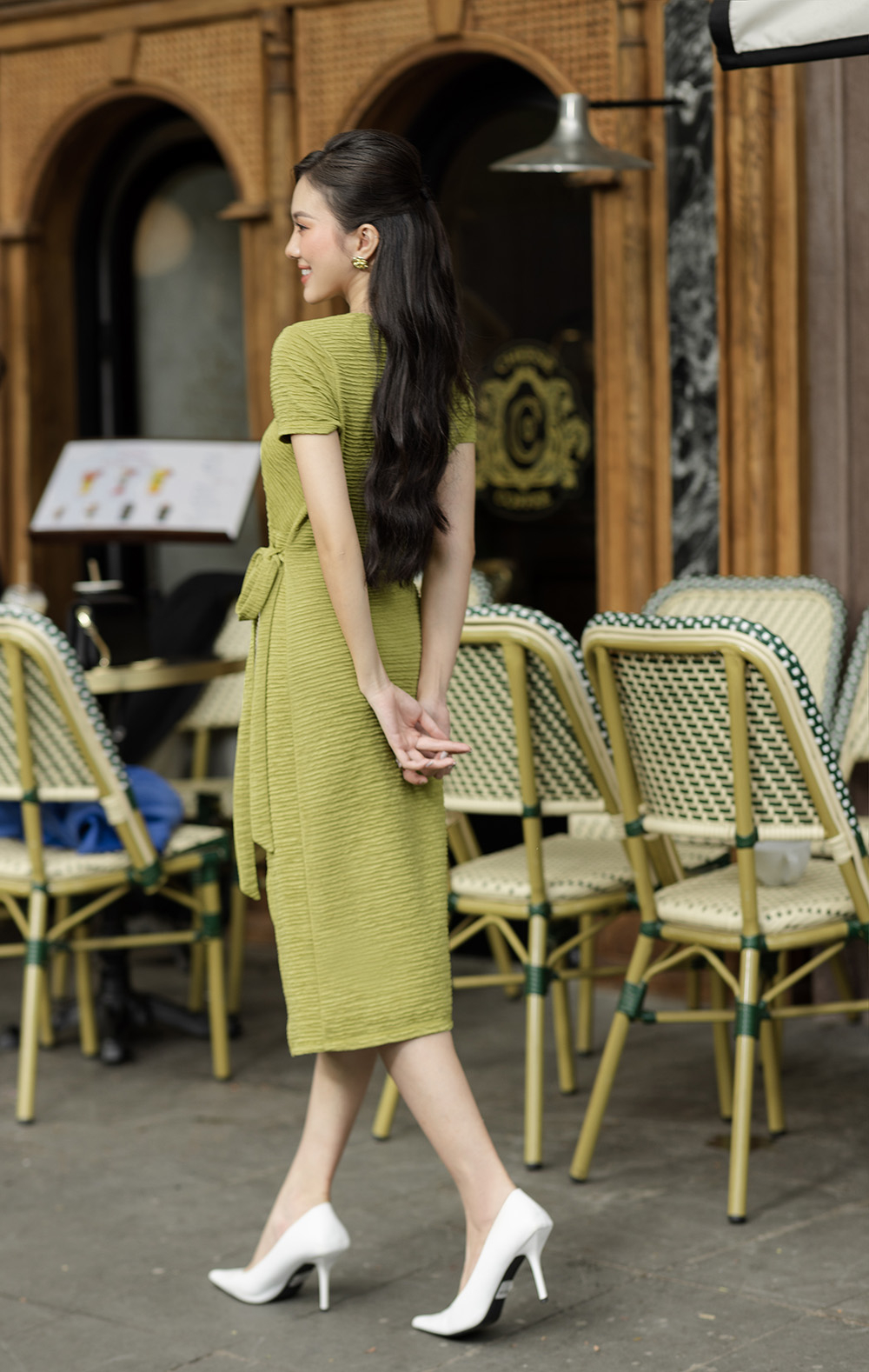 Đầm thun tay ngắn cổ tròn thắt nơ eo