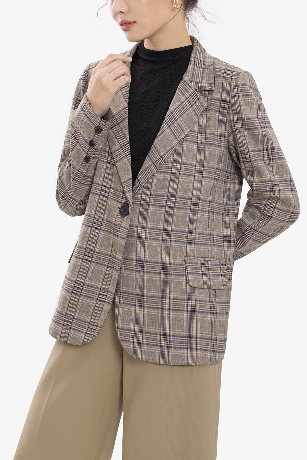 Áo blazer công sở nữ sọc caro dài tay