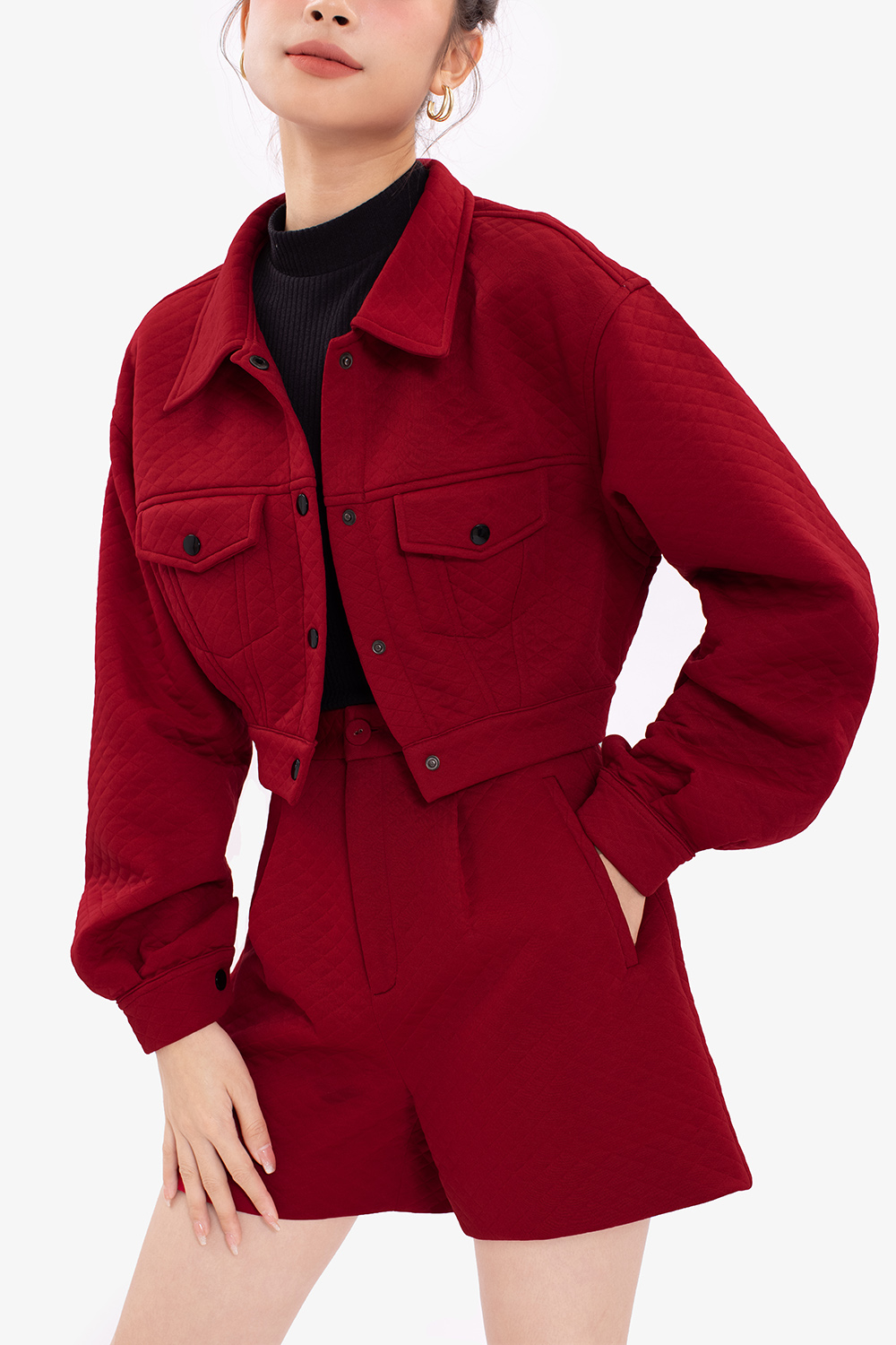 Áo khoác nữ cổ sơ mi túi hộp dáng lửng