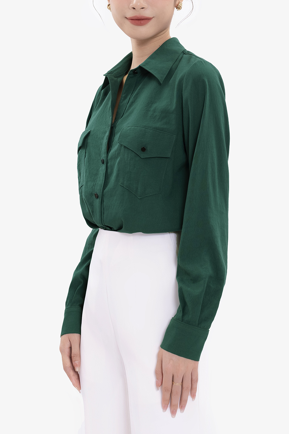 Áo sơ mi công sở nữ màu xanh hai túi trước