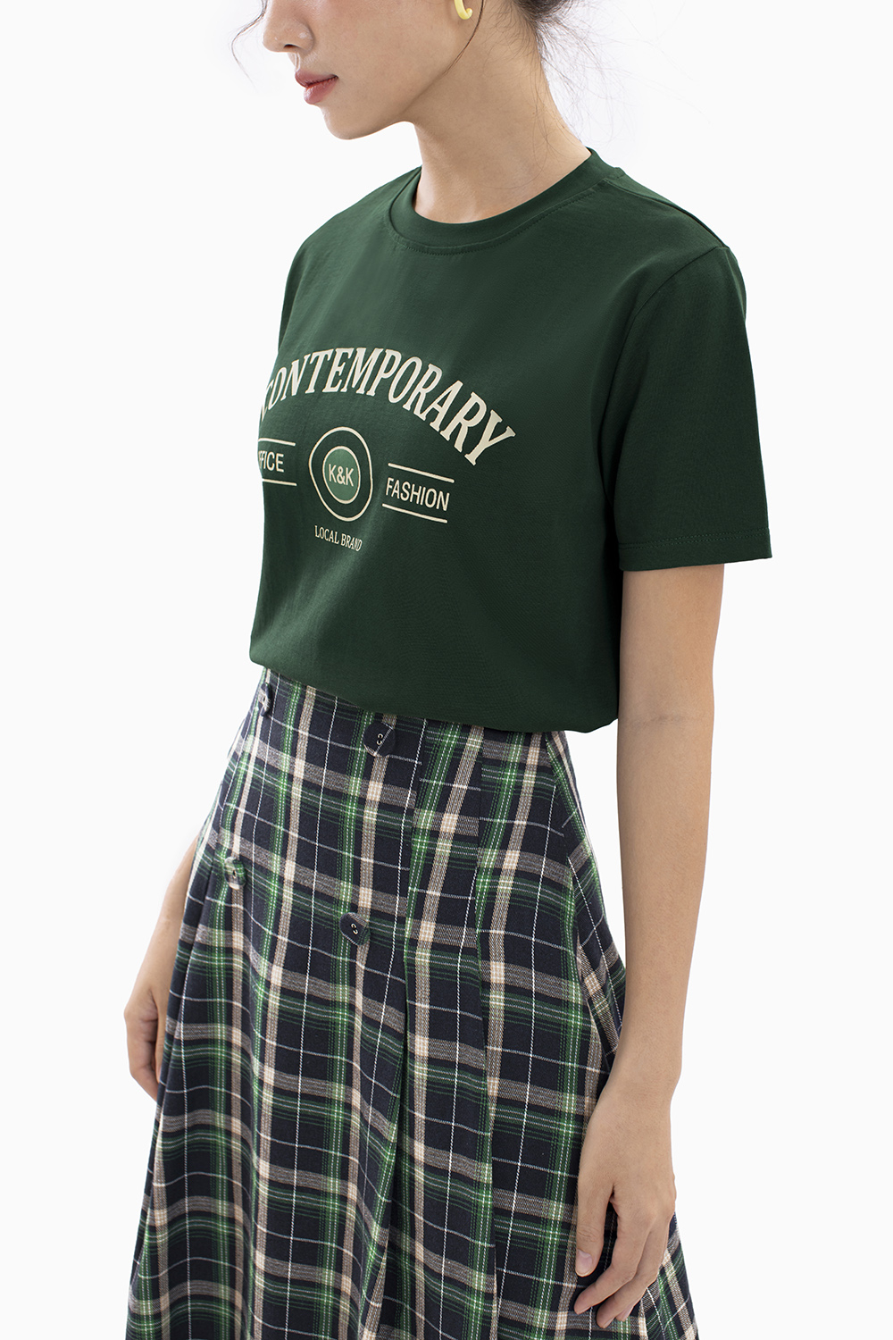 Áo thun nữ in chữ ngắn tay màu xanh