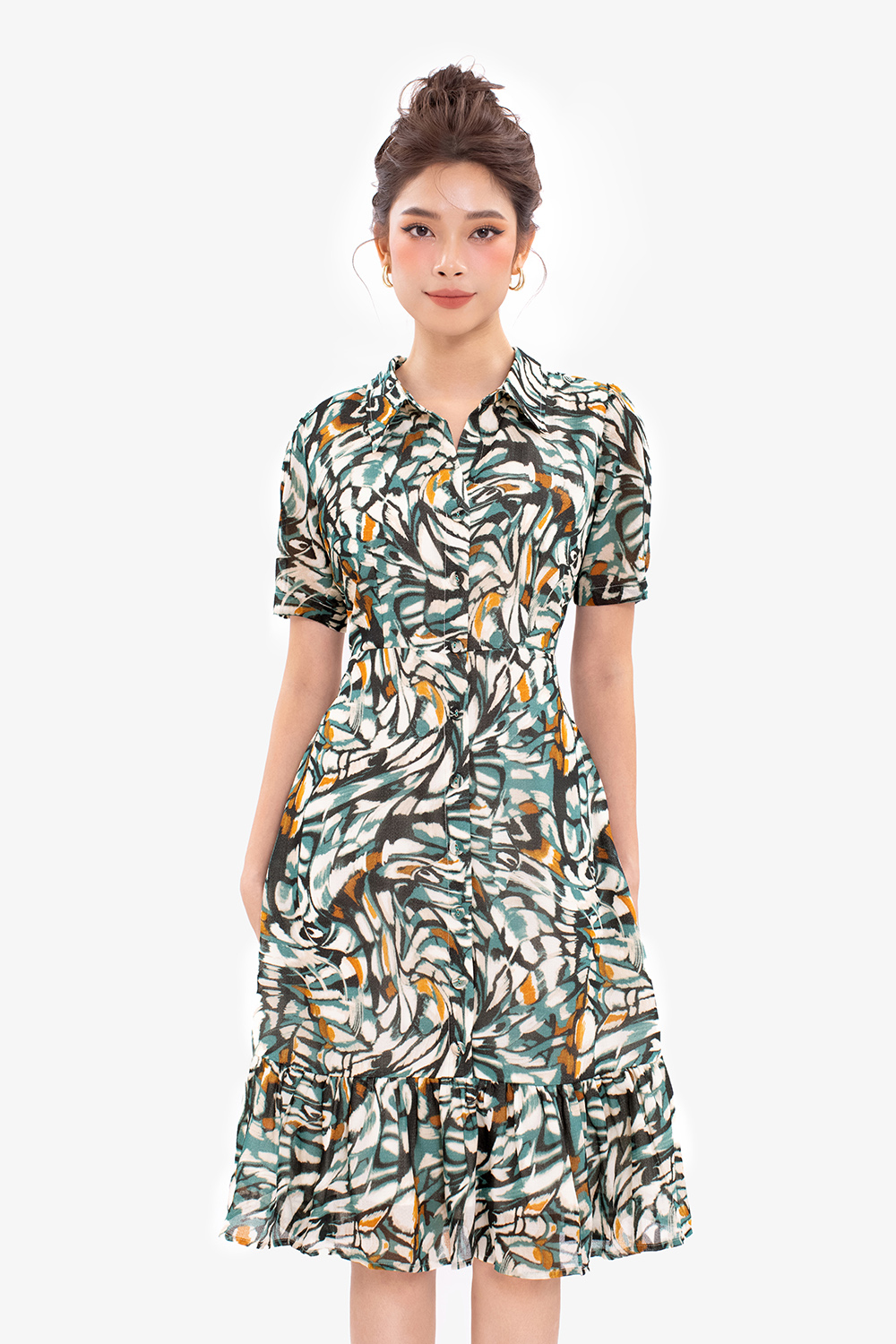 Đầm chữ a công sở họa tiết cổ sơ mi