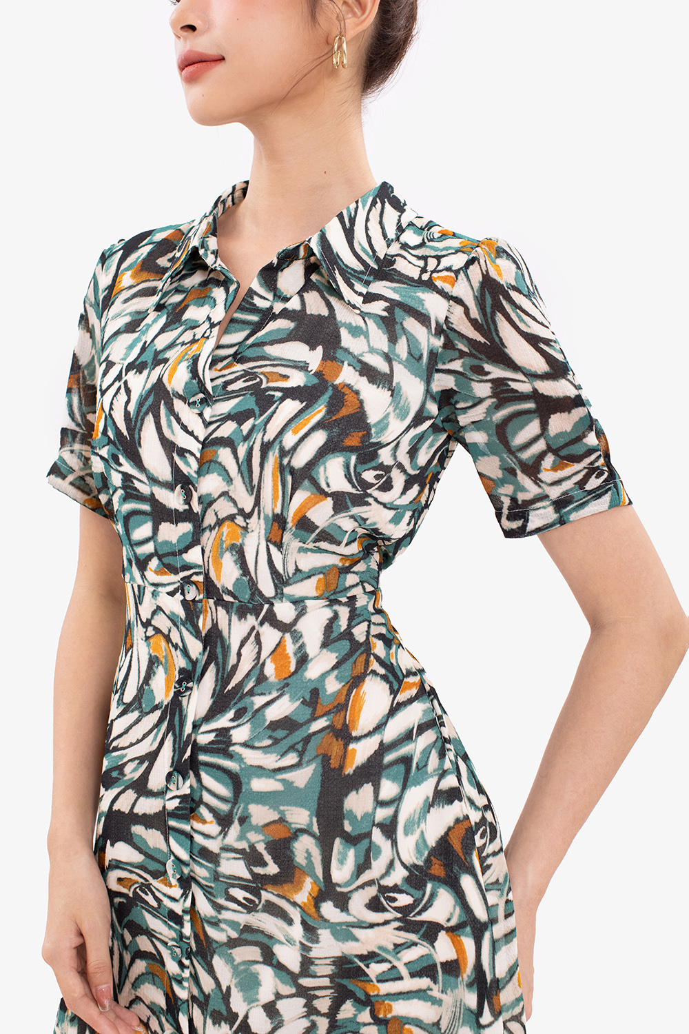 Đầm chữ a công sở họa tiết cổ sơ mi