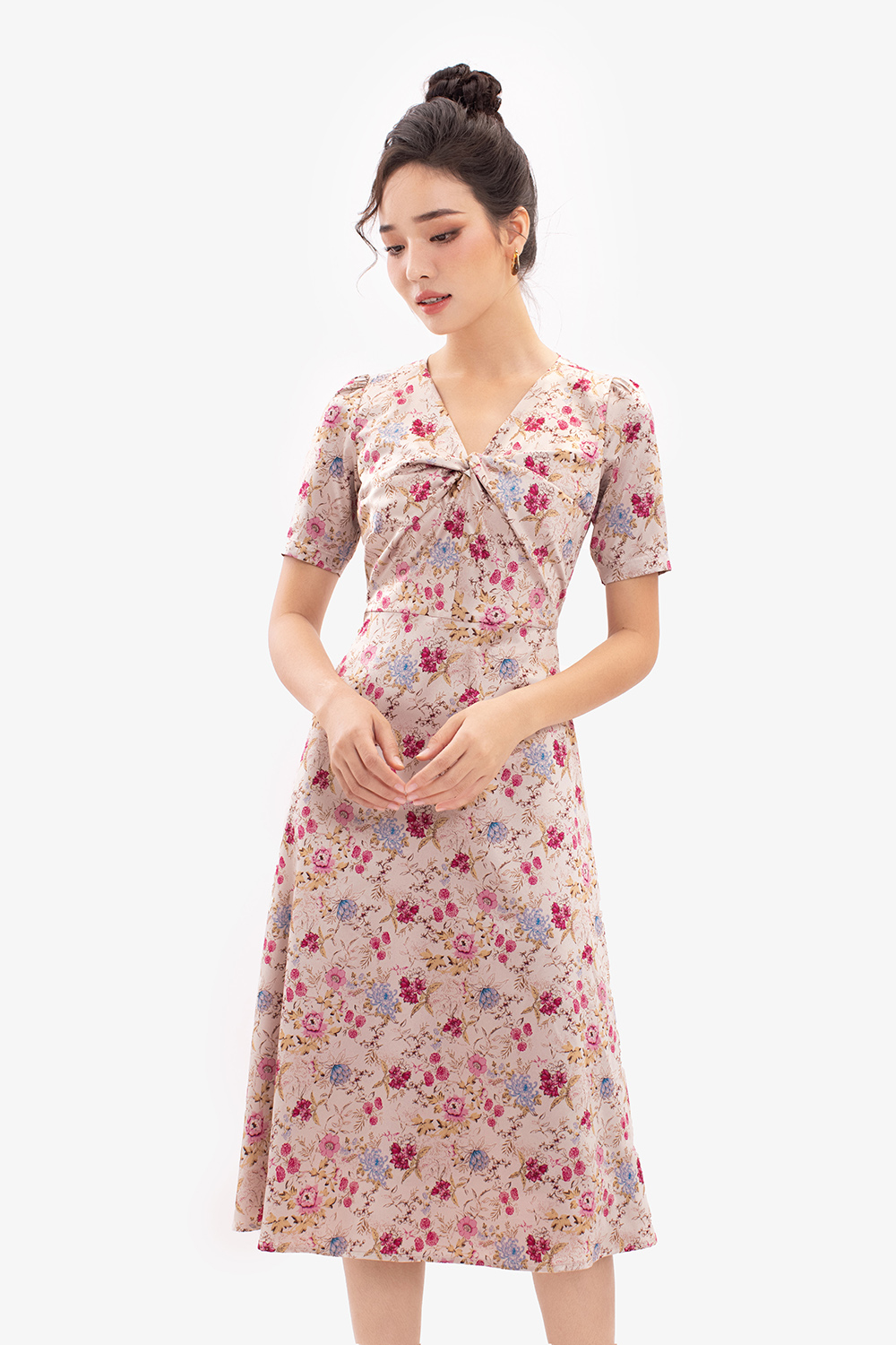 Đầm xòe công sở chữ a họa tiết hoa cổ tim