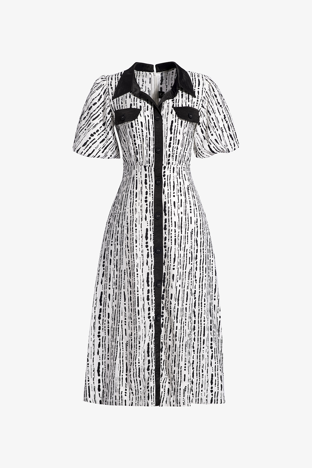 Đầm sơ mi công sở trắng dáng chữ a họa tiết đen