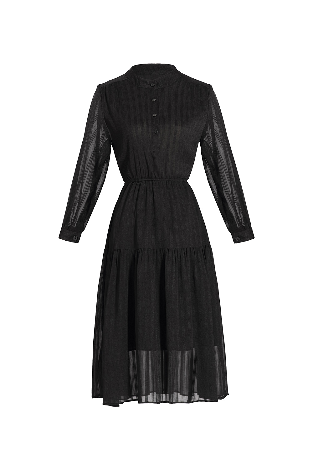 Đầm đen cổ trụ eo bo thun tay dài