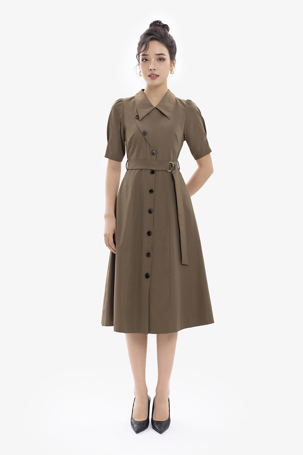 Đầm công sở chữ A cổ sen phối thắt lưng