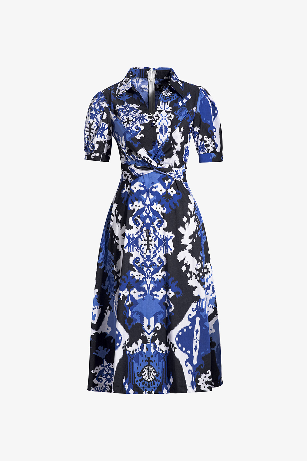 Đầm chữ A họa tiết cổ sơ mi xoắn eo