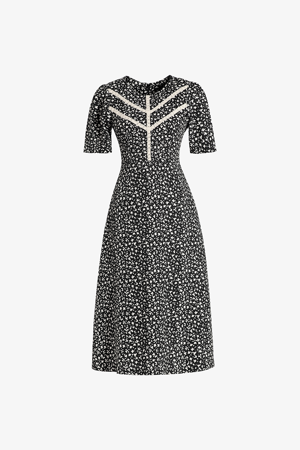 Đầm hoa công sở dáng chữ a phối đăng ten