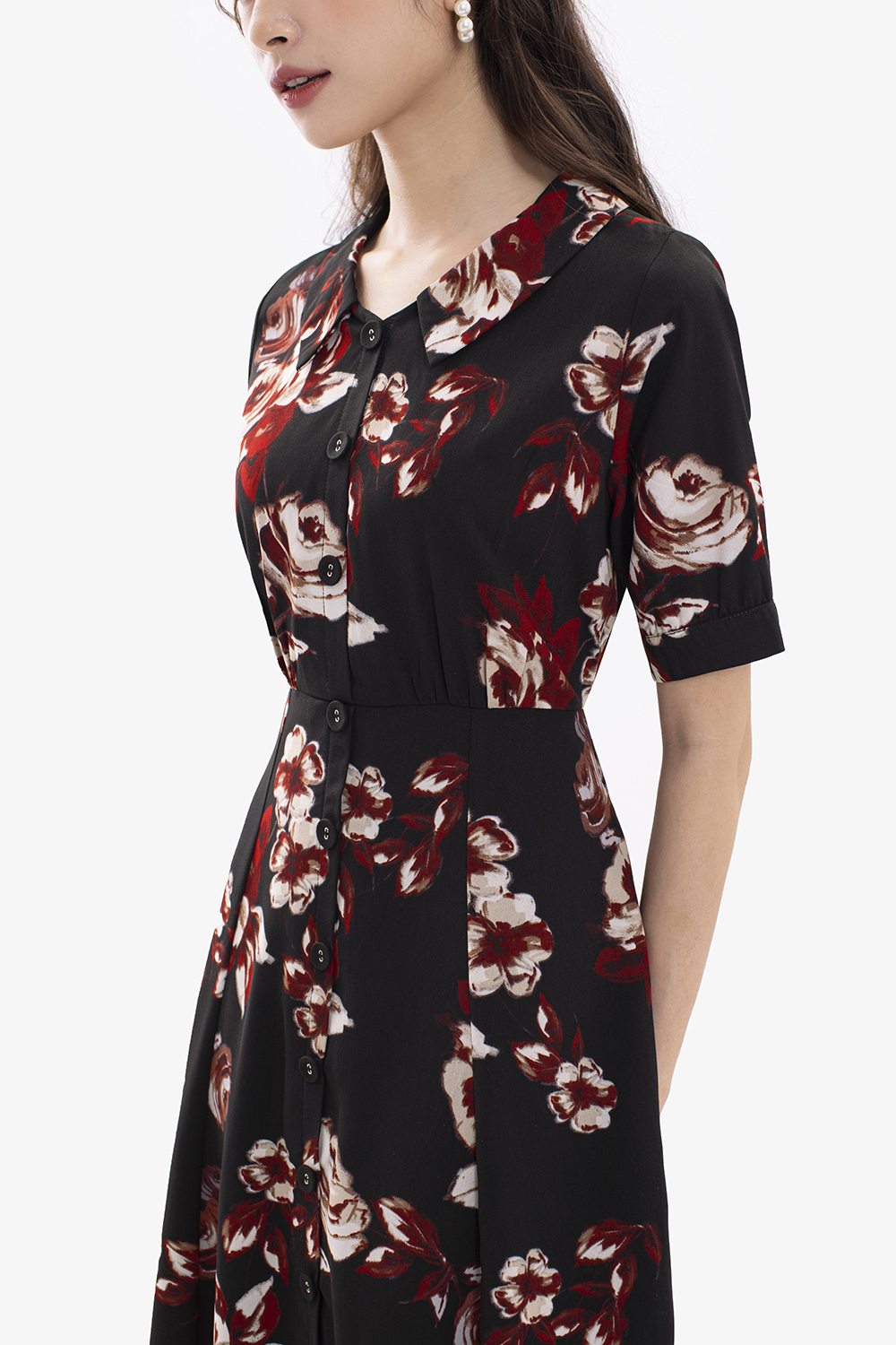 Đầm hoa dáng xòe tay lỡ cổ phối nơ