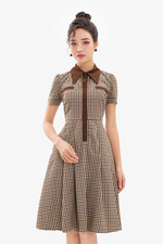Đầm xòe công sở cổ sơ mi họa tiết caro