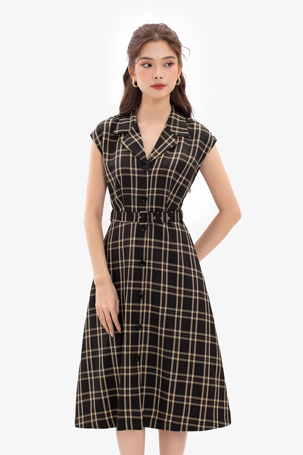 Đầm công sở caro cổ đan tông phối thắt lưng