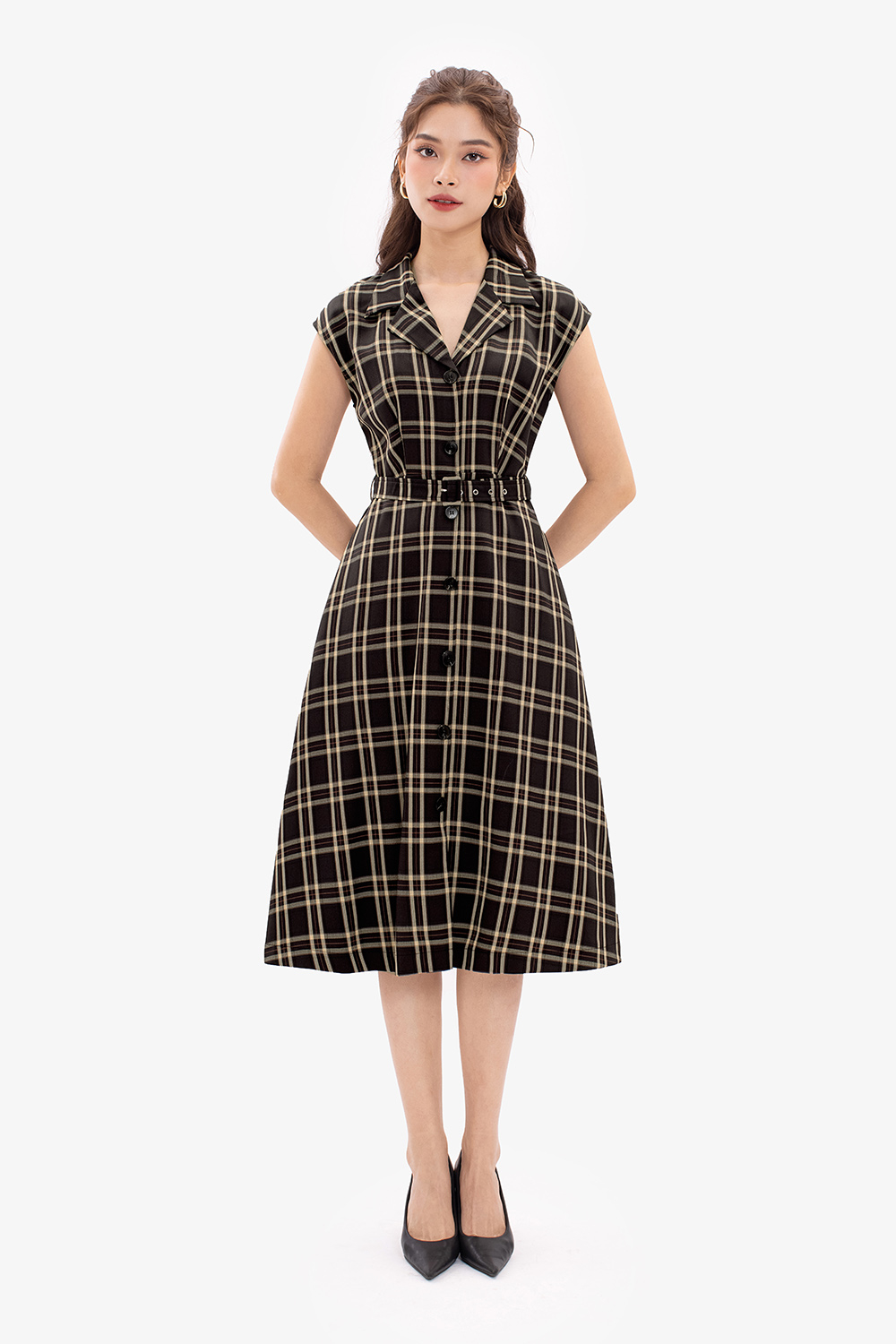 Đầm công sở caro cổ đan tông phối thắt lưng