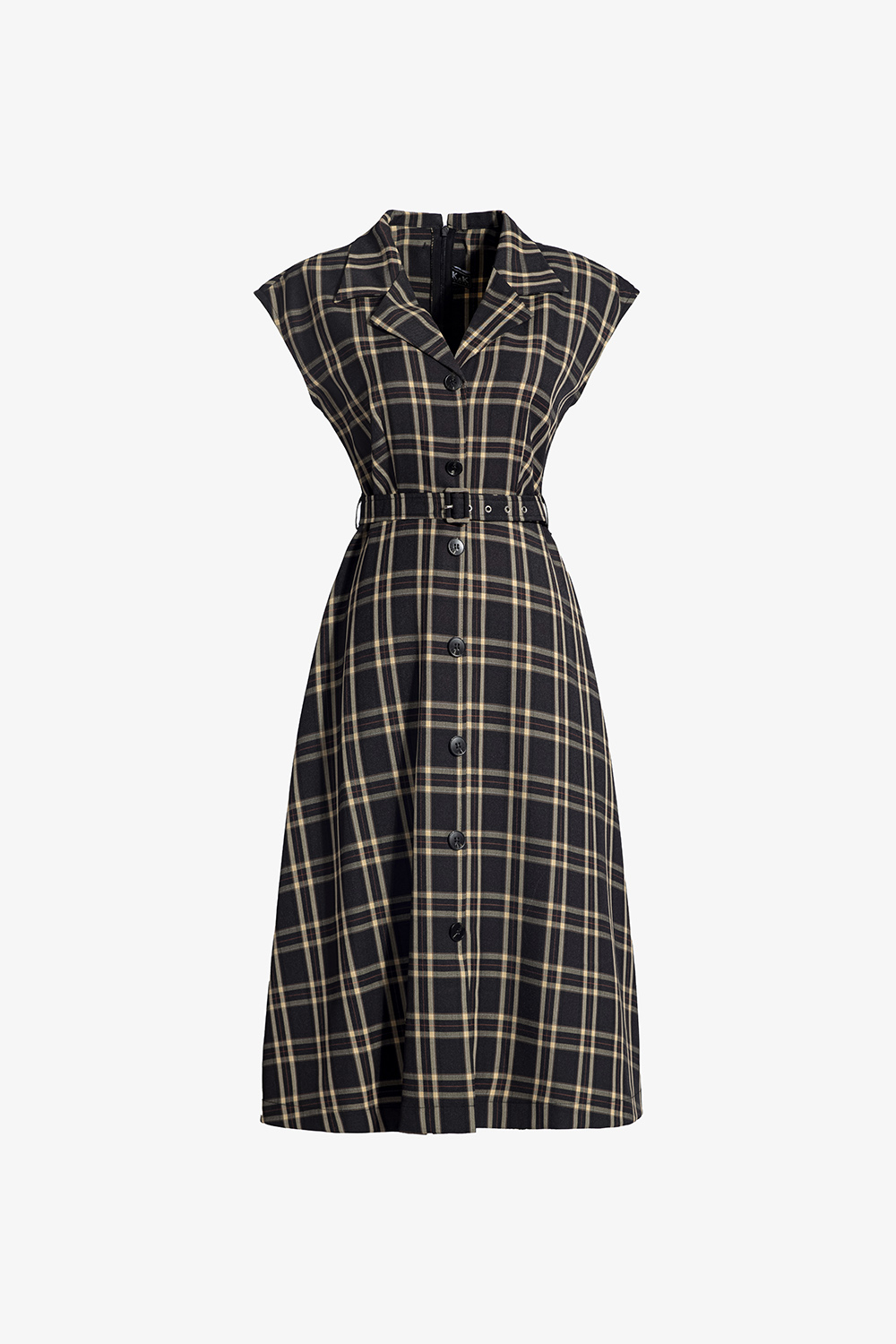 Đầm công sở caro cổ đan tông phối thắt lưng