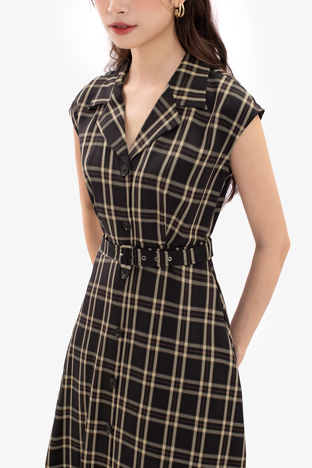 Đầm công sở caro cổ đan tông phối thắt lưng