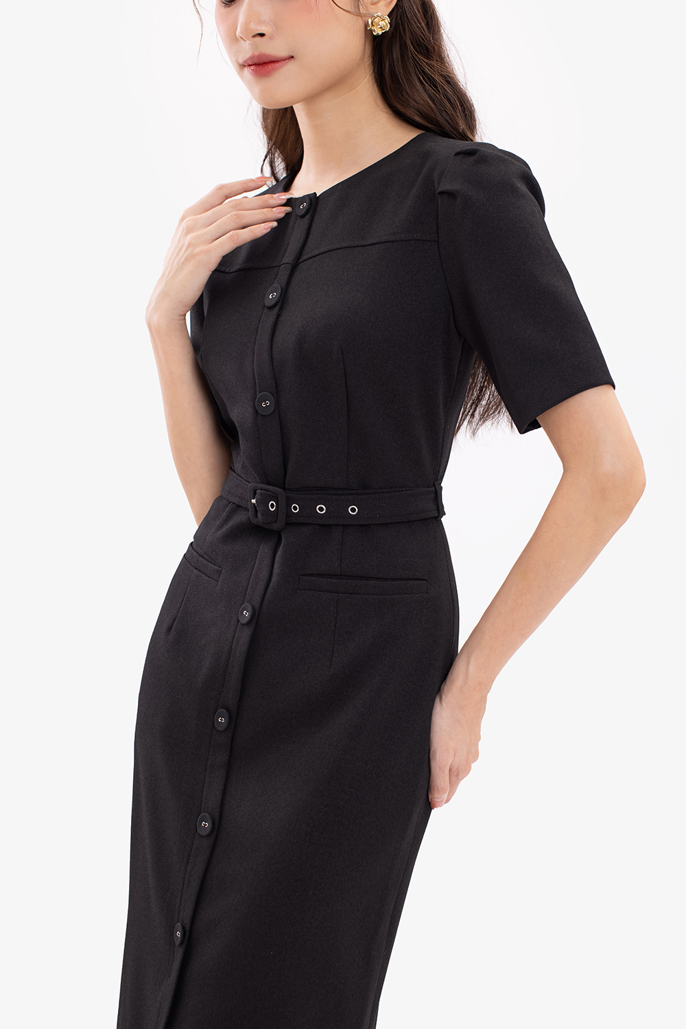 Đầm đen công sở ôm body phối thắt lưng