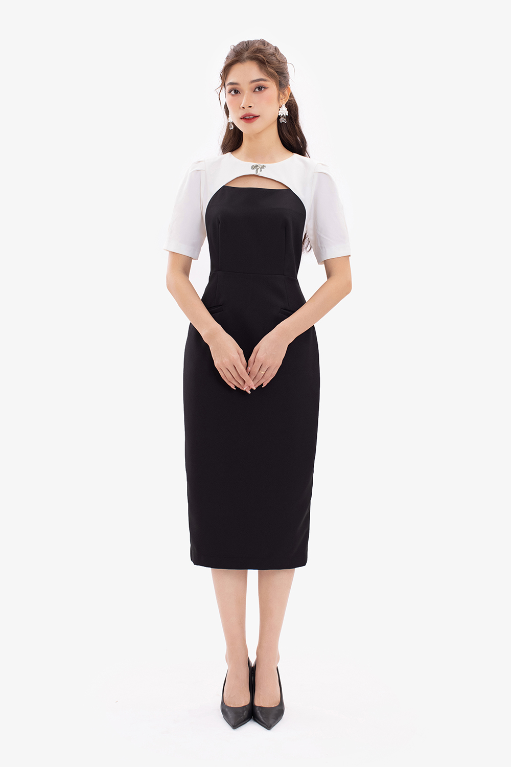 Đầm ôm body lệch vai phối màu trắng đen đầy sang trọng - Hàng đẹp với giá  tốt nhất