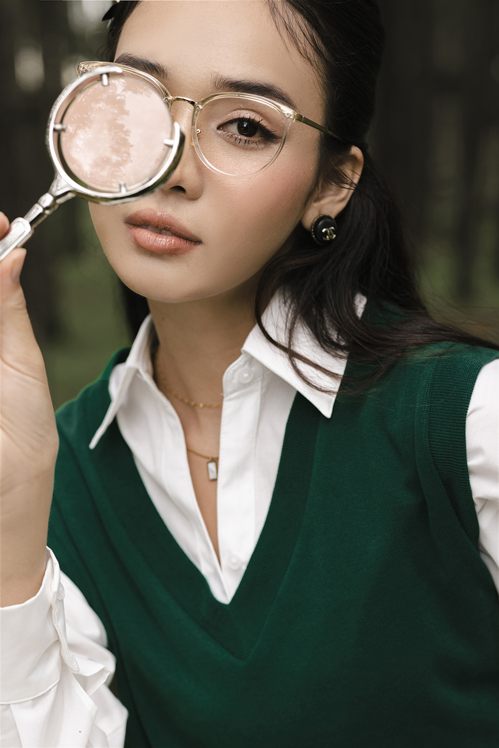 Áo ghi lê nữ cổ tim màu xanh lá cây