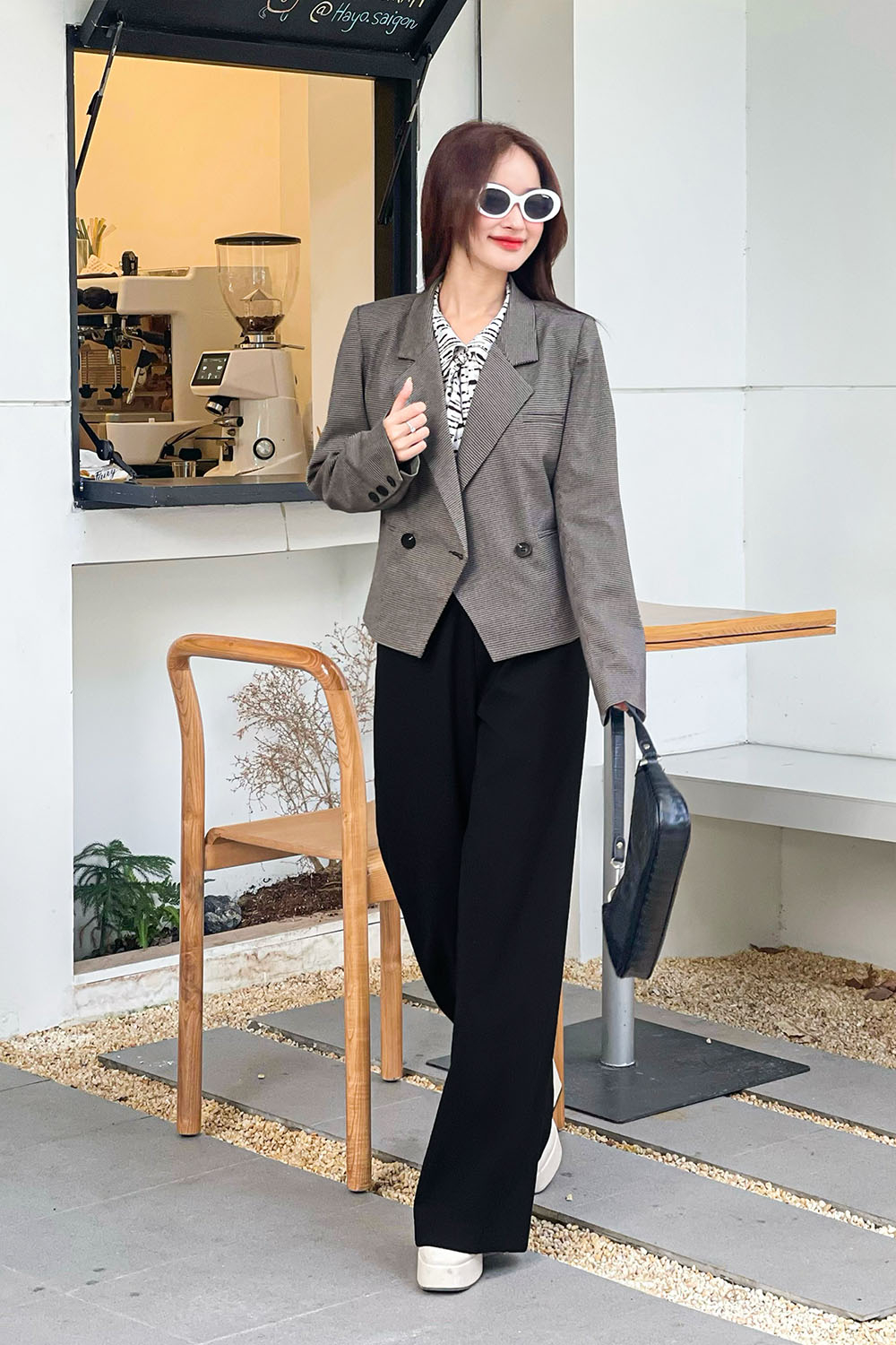Áo khoác blazer nữ họa tiết kẻ ô