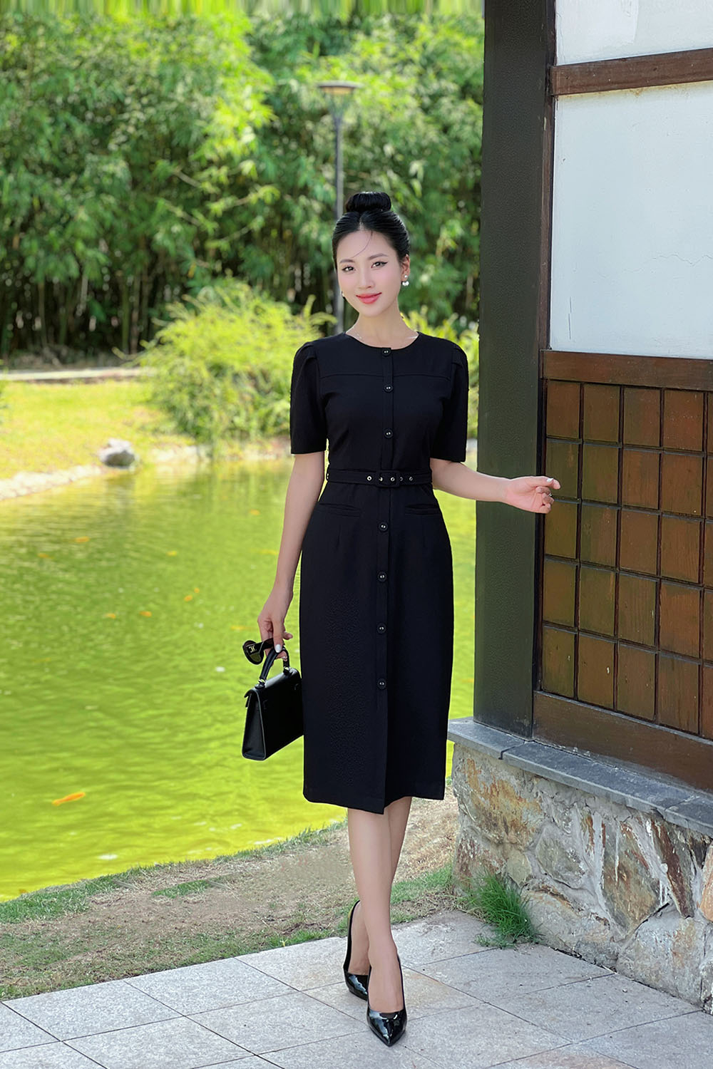 Đầm đen công sở ôm body phối thắt lưng KK162-38