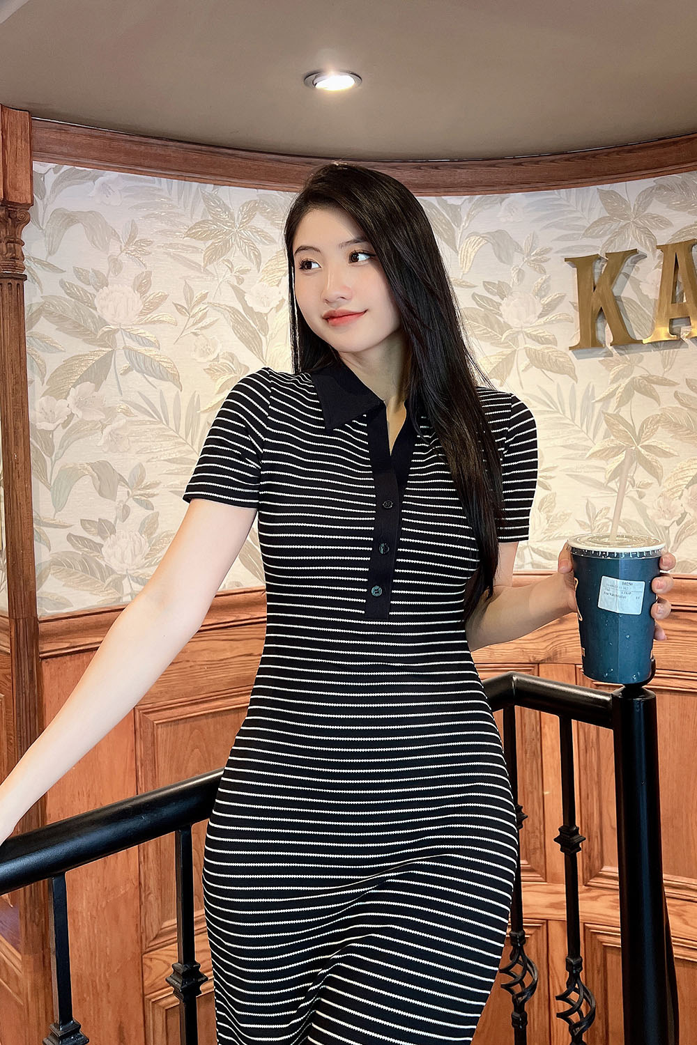 Đầm thun polo kẻ sọc dáng ôm