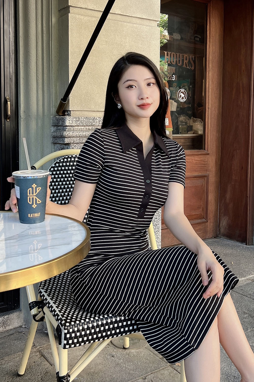 Đầm thun polo kẻ sọc dáng ôm