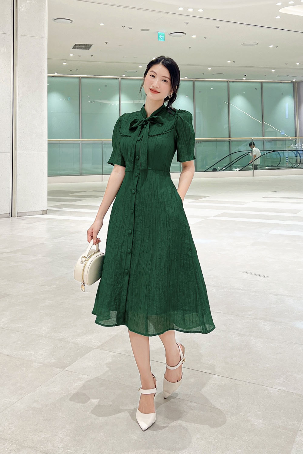 Đầm xanh công sở dáng chữ a cổ phối nơ KK162-26