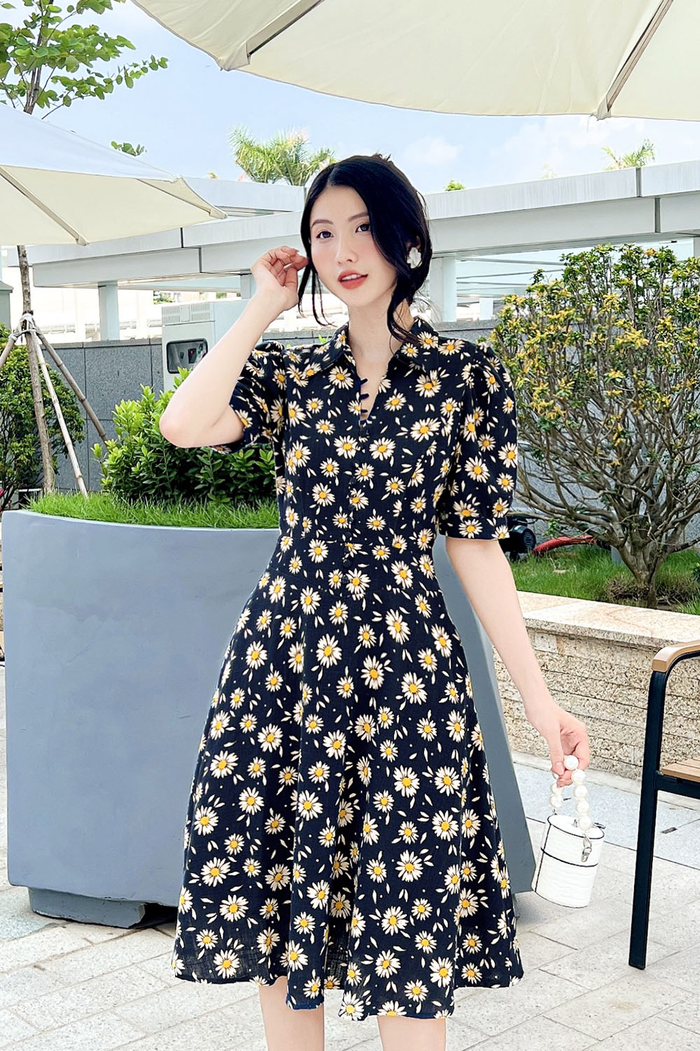 Đầm hoa công sở dáng xòe cổ sơ mi KK160-16