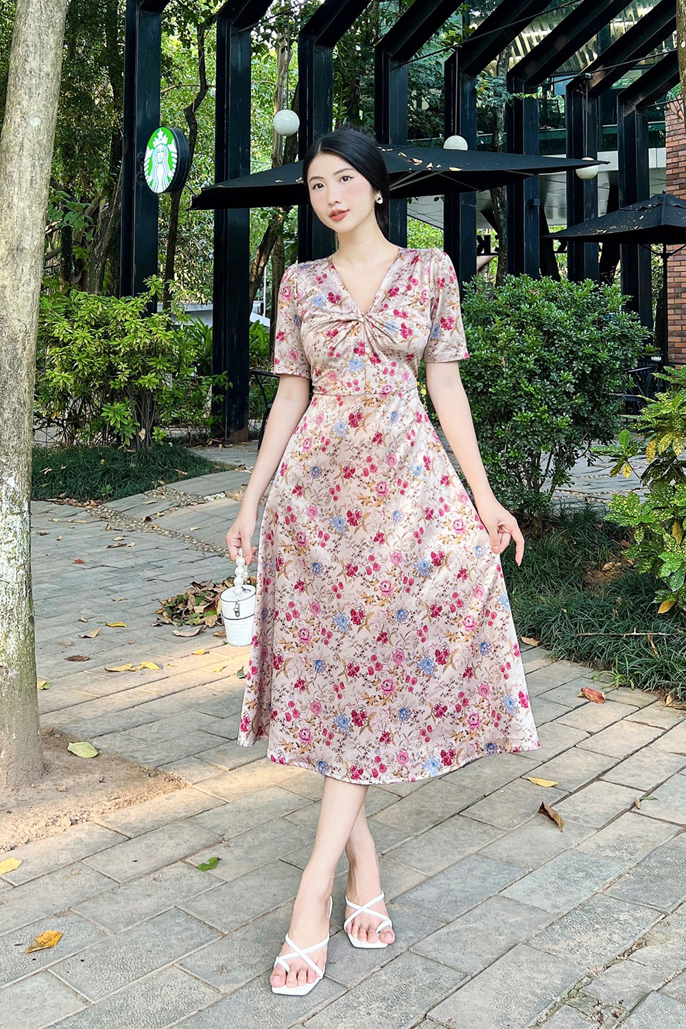 Đầm xòe công sở chữ a họa tiết hoa cổ tim KK140-15