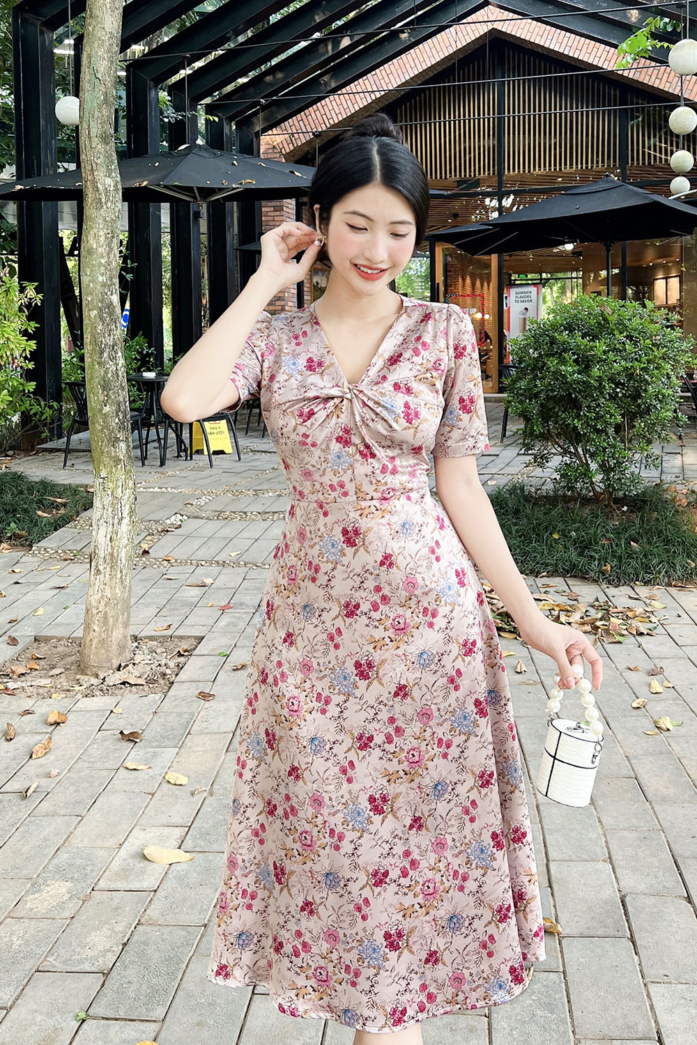 Đầm xòe công sở chữ a họa tiết hoa cổ tim