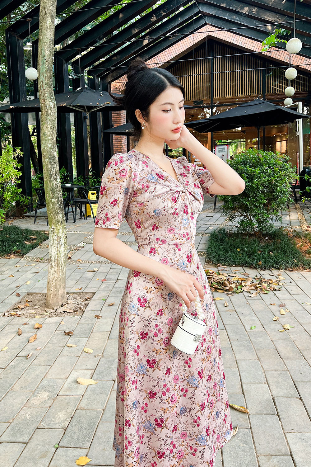 Đầm xòe công sở chữ a họa tiết hoa cổ tim