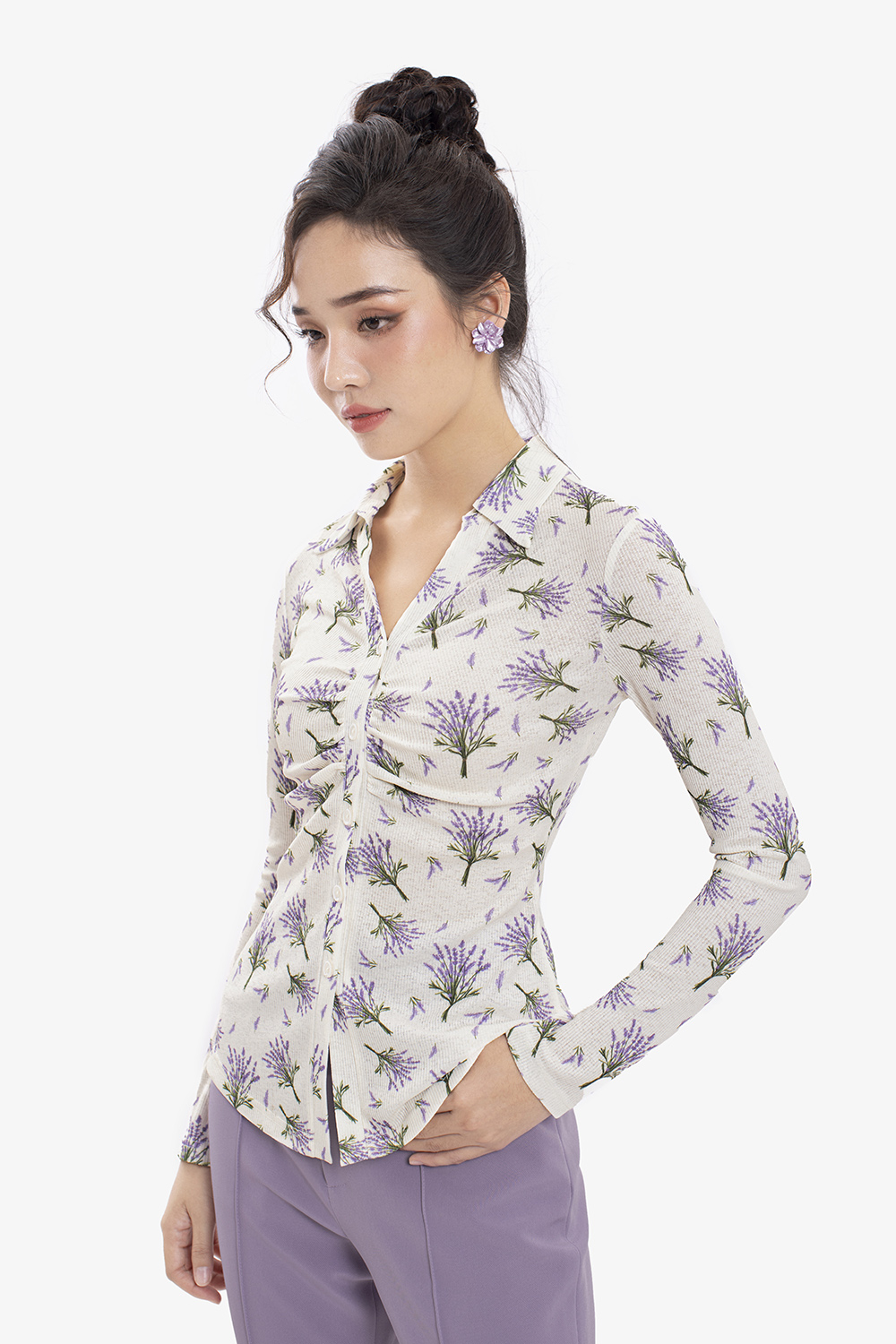 Áo sơ mi thun hoạ tiết hoa lavender nhún ngực ASM14-34