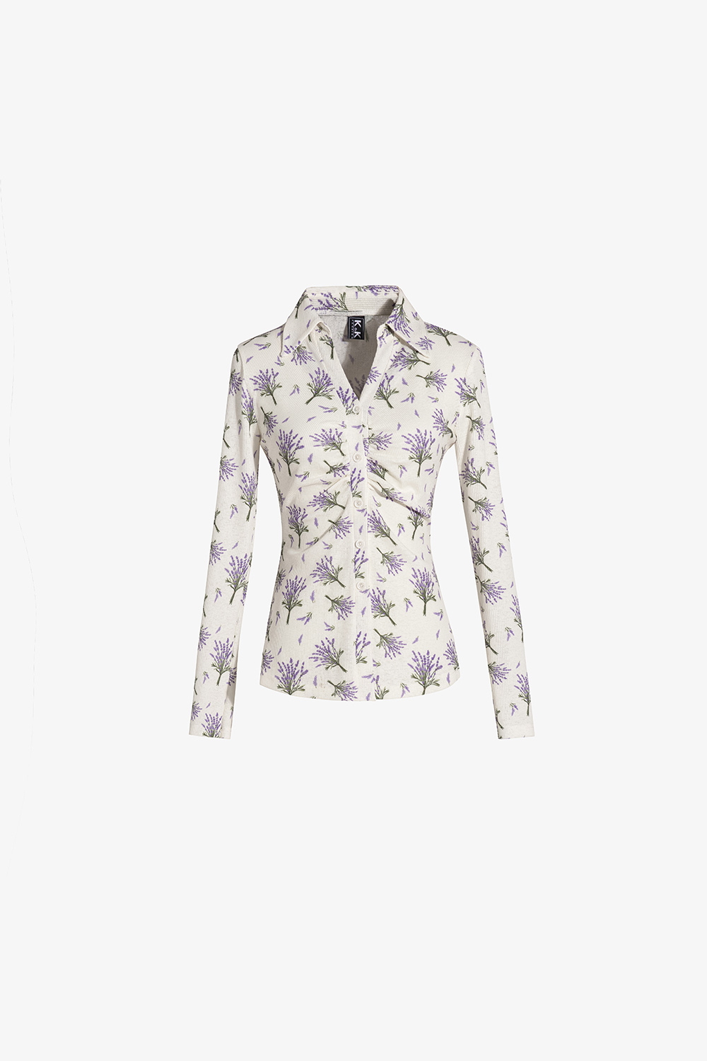 Áo sơ mi thun hoạ tiết hoa lavender nhún ngực