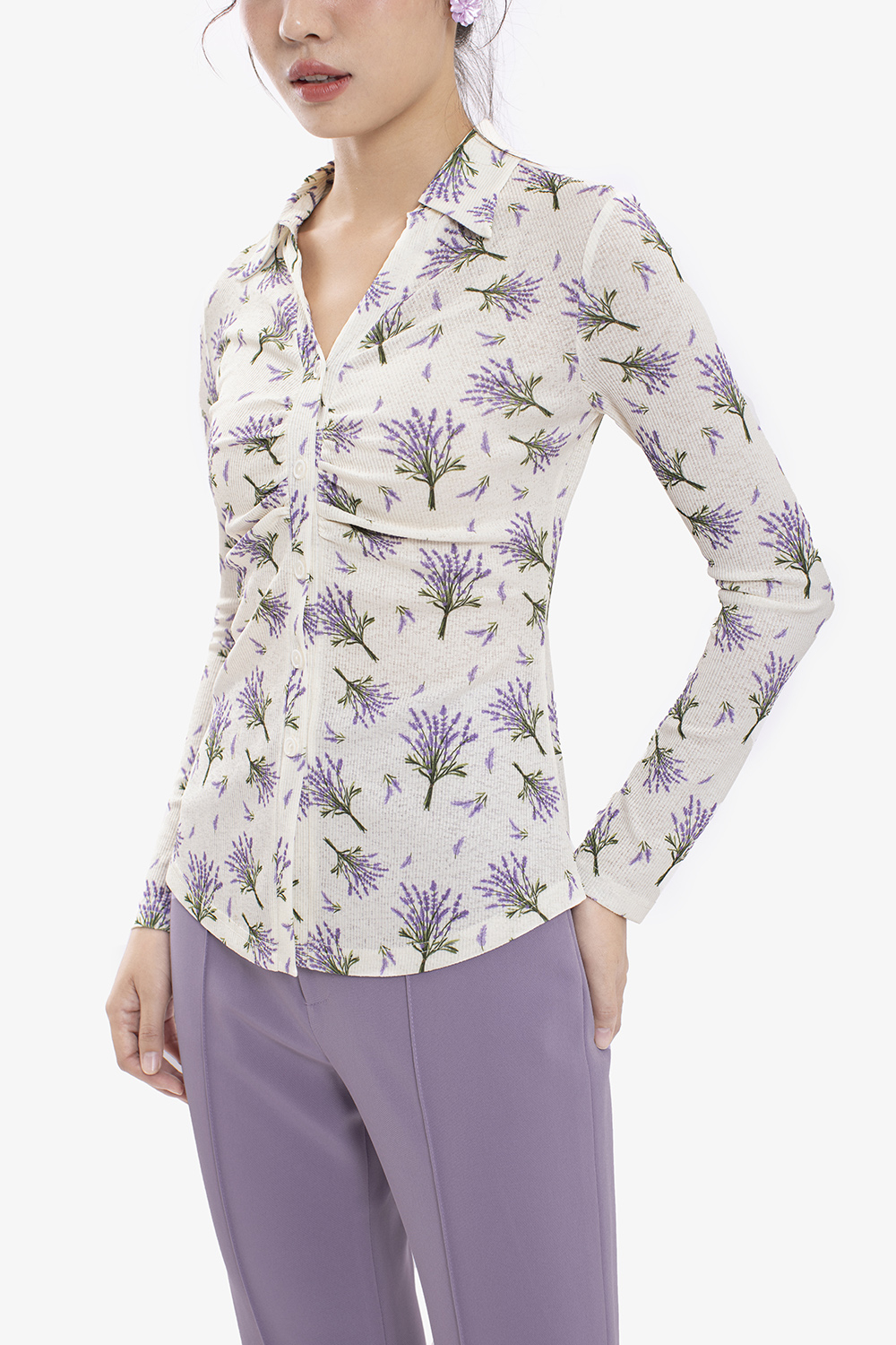 Áo sơ mi thun hoạ tiết hoa lavender nhún ngực