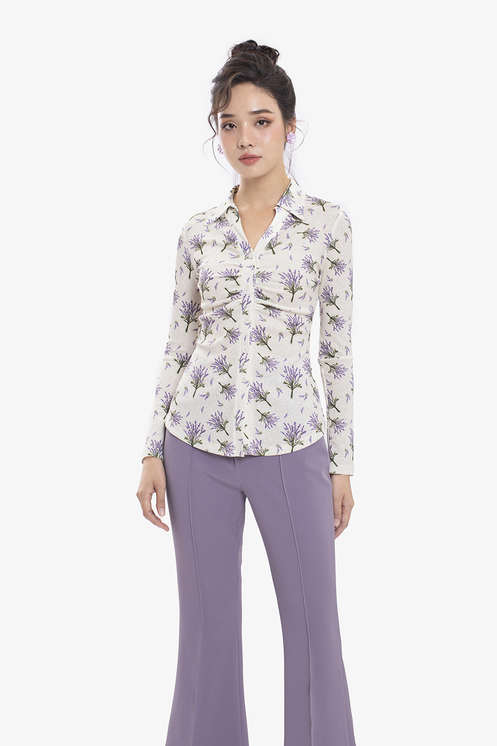 Quần lưng cao ống loe màu tím