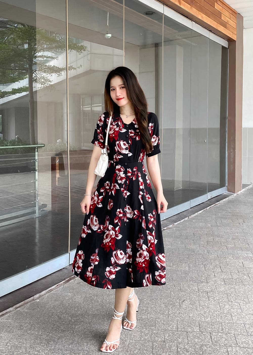 Đầm hoa dáng xòe tay lỡ cổ phối nơ KK163-21