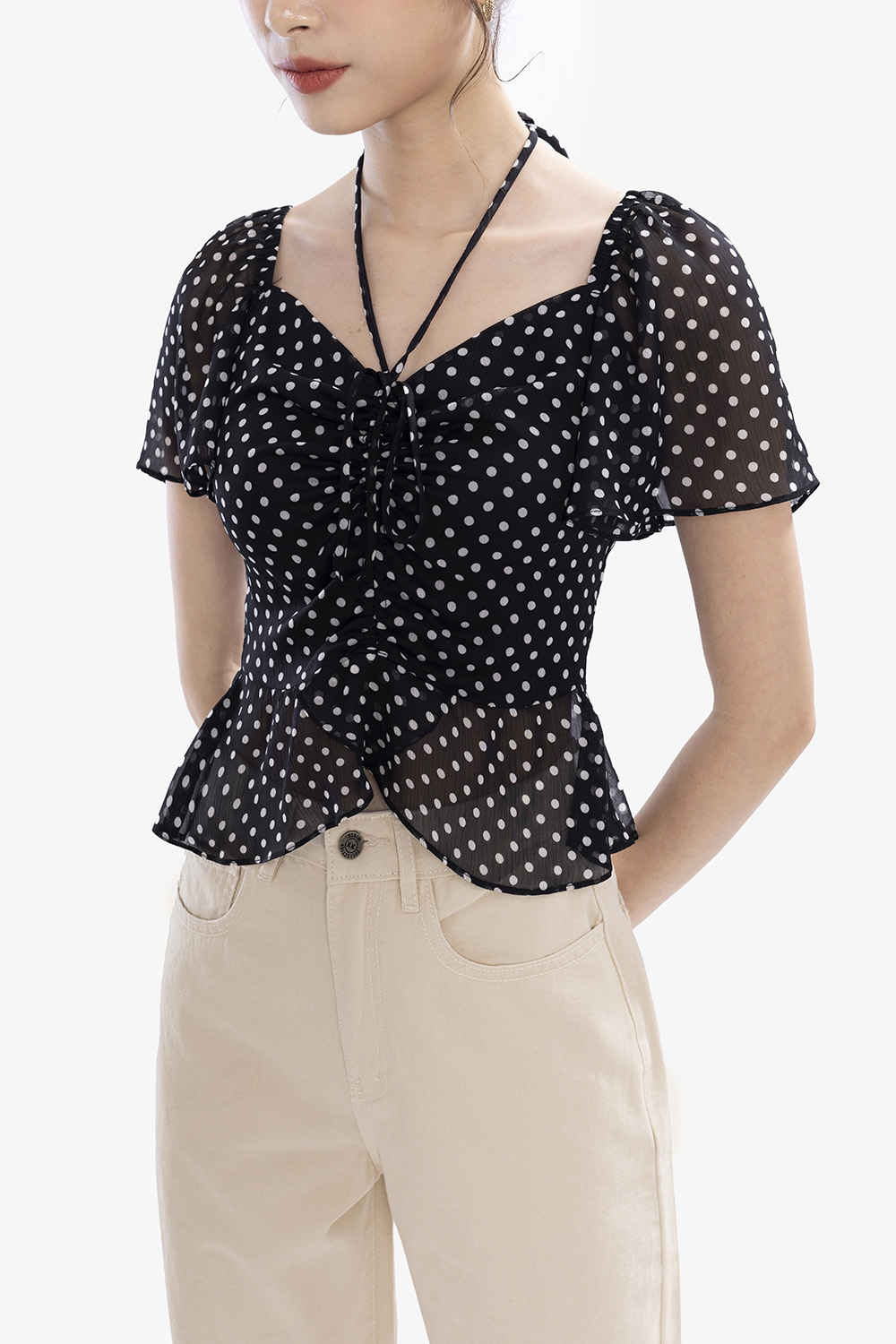 Áo kiểu nữ họa tiết chấm bi tay cánh tiên