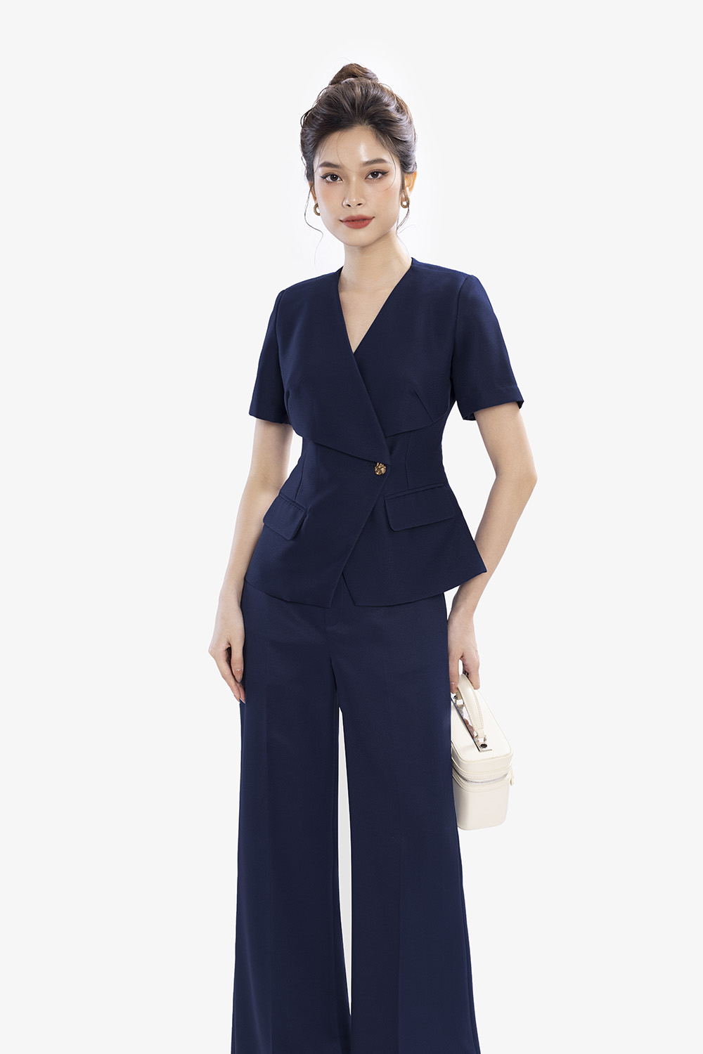 Áo kiểu công sở nữ cổ v màu xanh