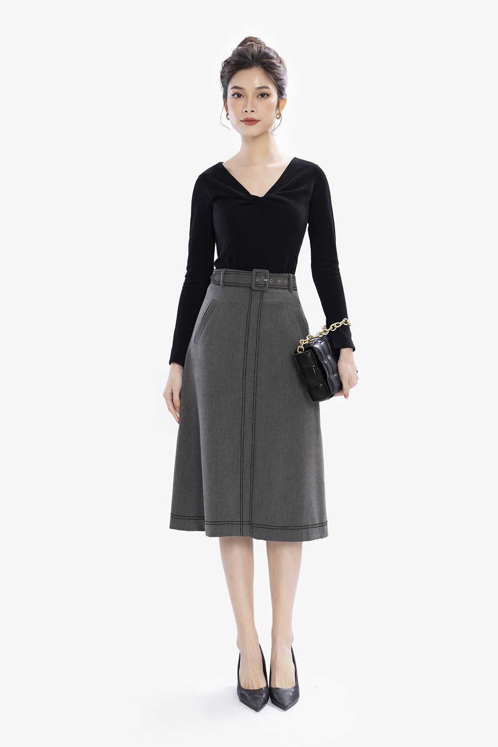 Chân váy midi chữ A màu xám phối belt