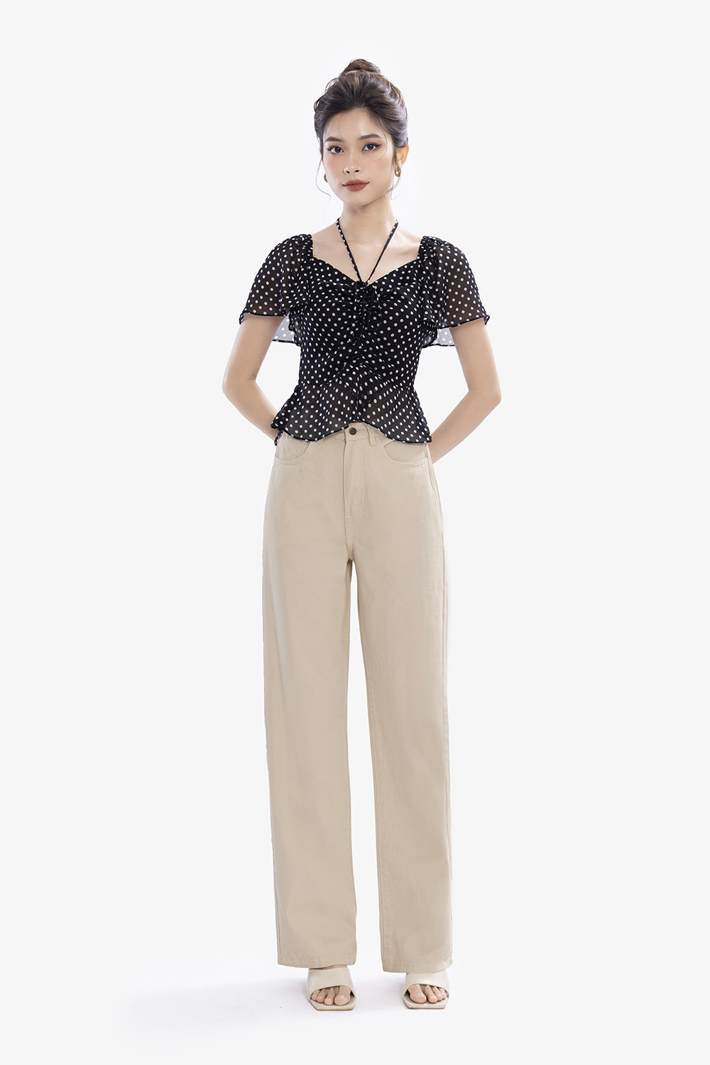 Quần jean nữ ống suông lưng cao màu kem