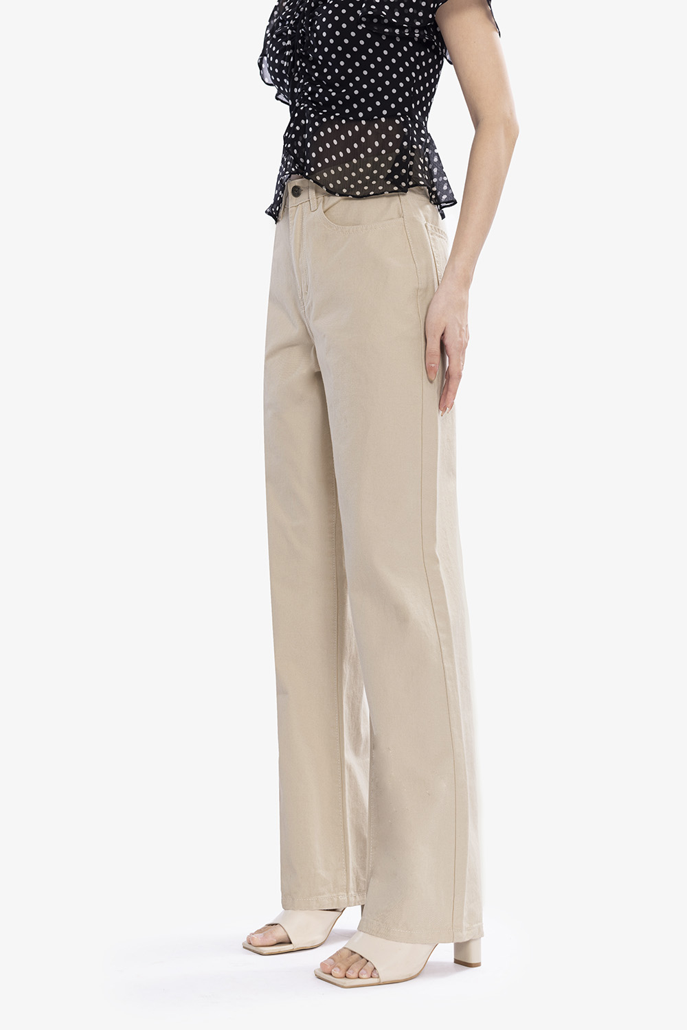 Quần jean nữ ống suông lưng cao màu kem