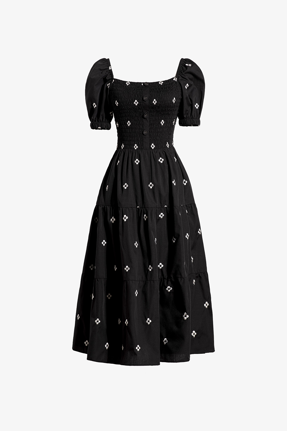 Đầm xòe đen thêu hoa nhí trắng cổ vuông
