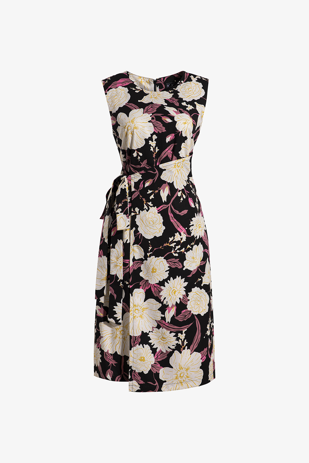 Đầm công sở đen họa tiết hoa tùng đắp chéo