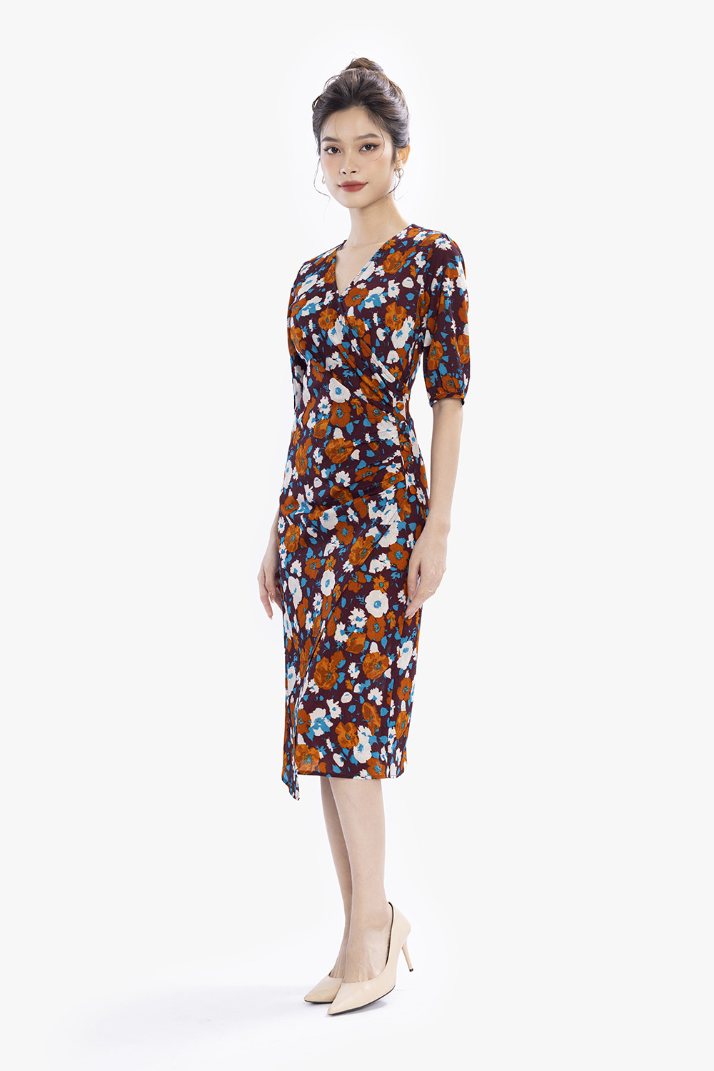 Đầm ôm họa tiết hoa cổ V đắp chéo