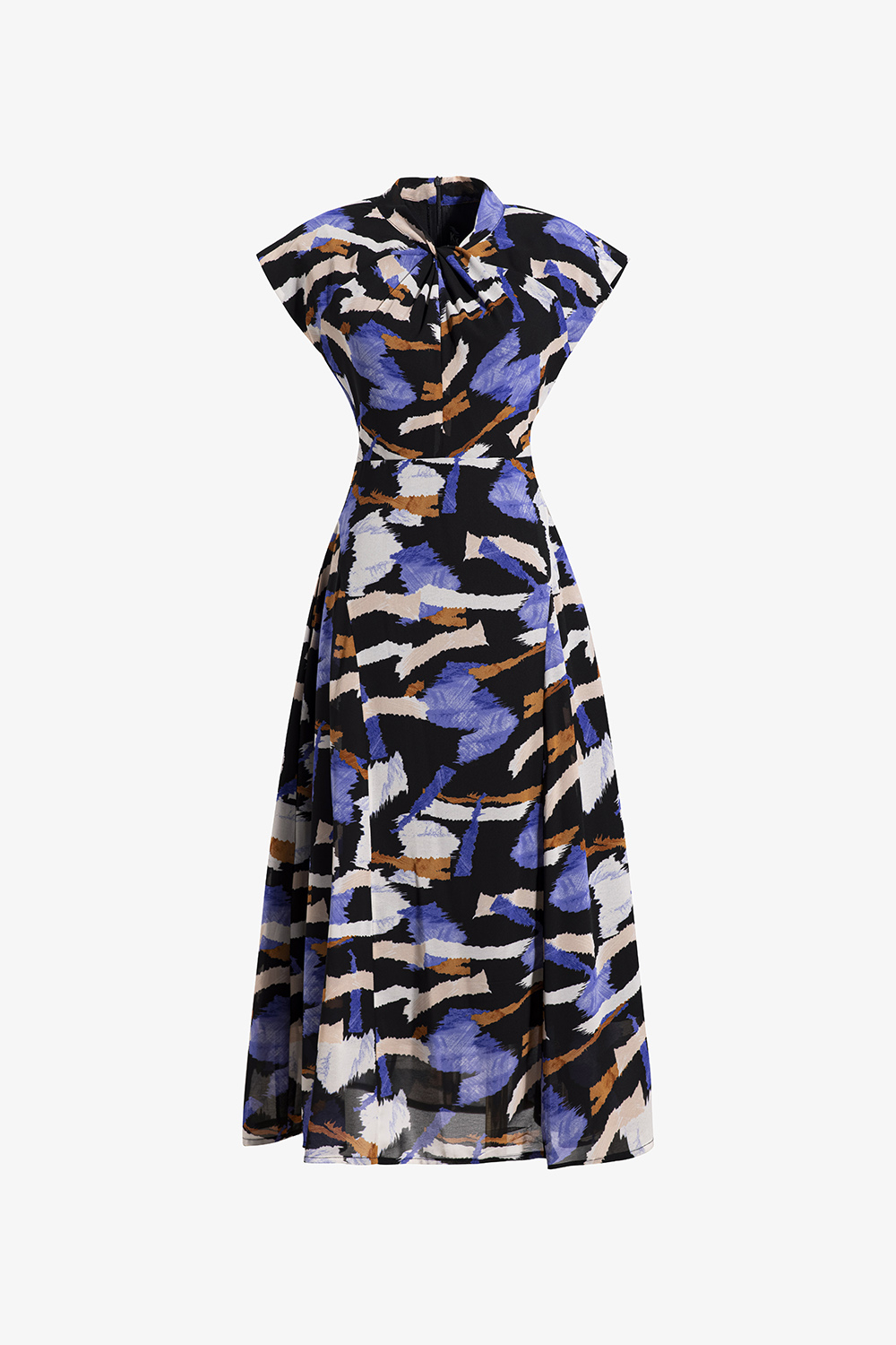 Đầm xòe công sở nền đen họa tiết nhiều màu cổ xoắn