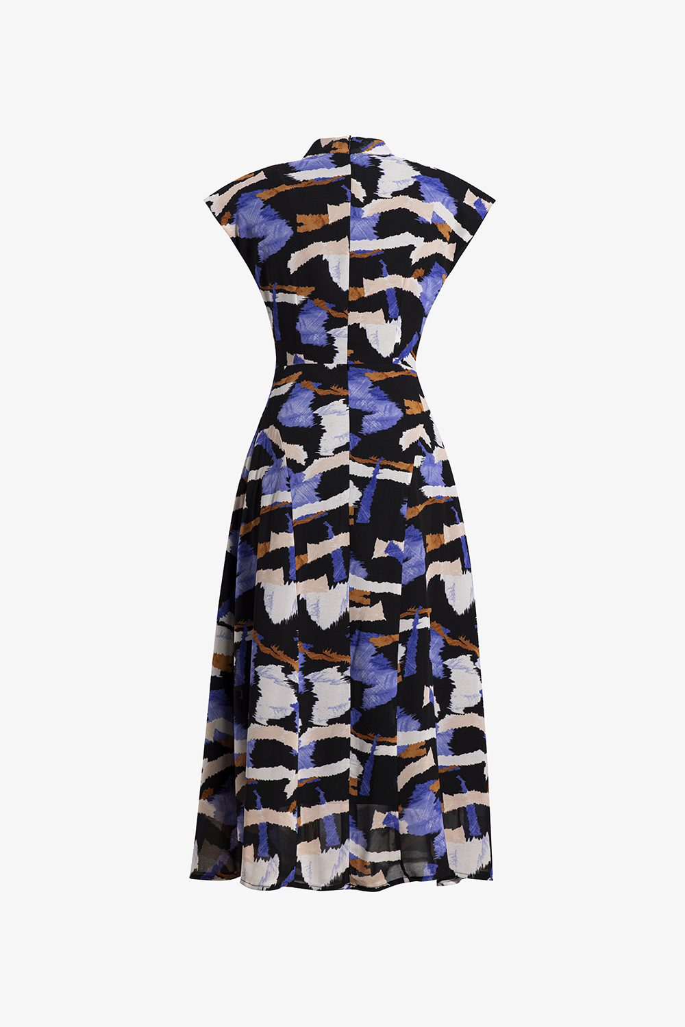 Đầm xòe công sở nền đen họa tiết nhiều màu cổ xoắn