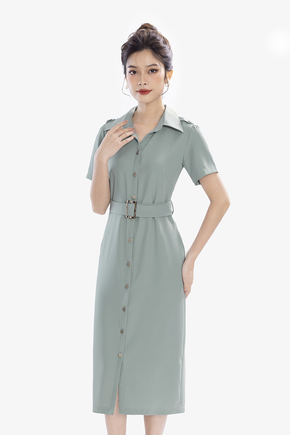 Đầm sơ mi công sở nữ màu xanh phối thắt lưng